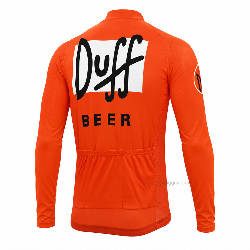 Back view of an orange Duff Beer long-sleeve cycling jersey.