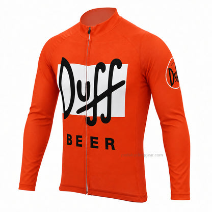 Front view of an orange Duff Beer long-sleeve cycling jersey.