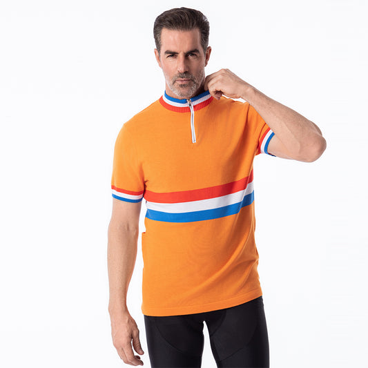 Dutch National Team retro wool cycling jersey orange - front model