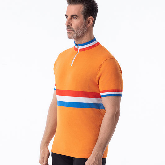 Dutch retro wool cycling jersey - red white blue stripe detail