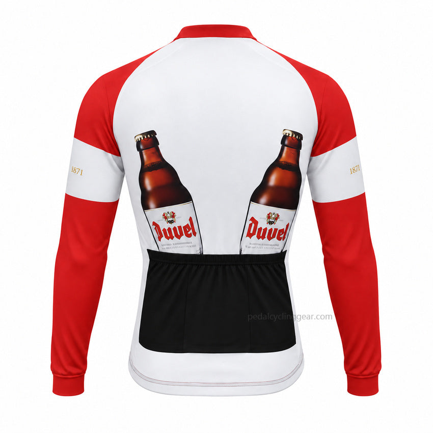 Back view of a red, white Duvel retro long-sleeve cycling jersey.