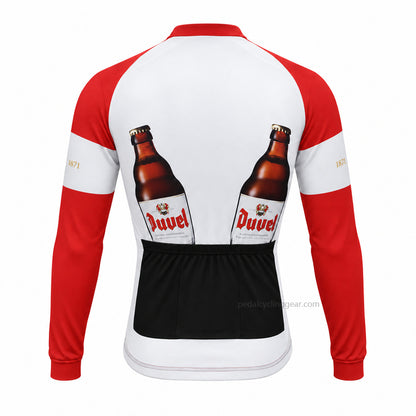 Back view of a red, white Duvel retro long-sleeve cycling jersey.