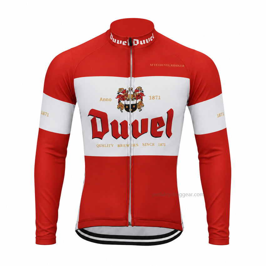 Front view of a red, white Duvel retro long-sleeve cycling jersey.