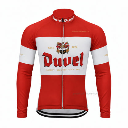Front view of a red, white Duvel retro long-sleeve cycling jersey.