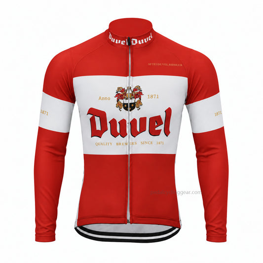 Front view of a red, white Duvel retro long-sleeve cycling jersey.