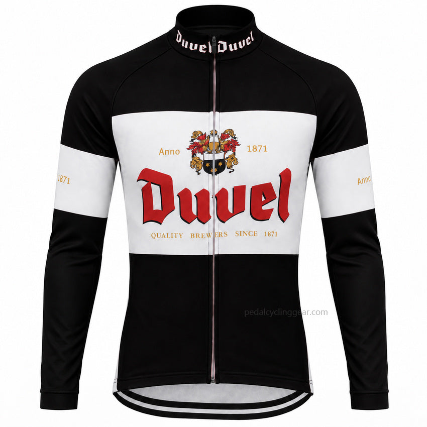 Front view of a black Duvel retro long-sleeve cycling jersey with white branding.