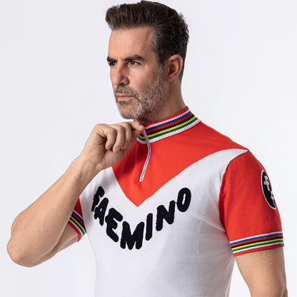 Close-up of Faemino retro cycling jersey showing rainbow stripe collar