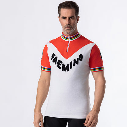 Faemino retro wool cycling jersey in white and red chevron