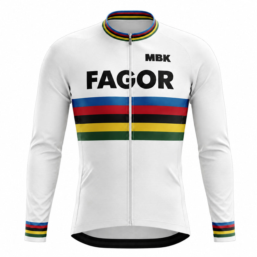 Fagor Rainbow Stripe Retro Long Sleeve Cycling Jersey – White front view