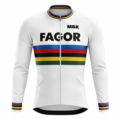 Fagor Rainbow Stripe Retro Long Sleeve Cycling Jersey – White front view