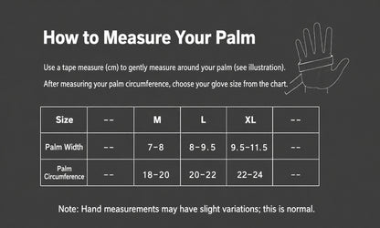 Size chart for fingerless cycling gloves, sizes M to XL