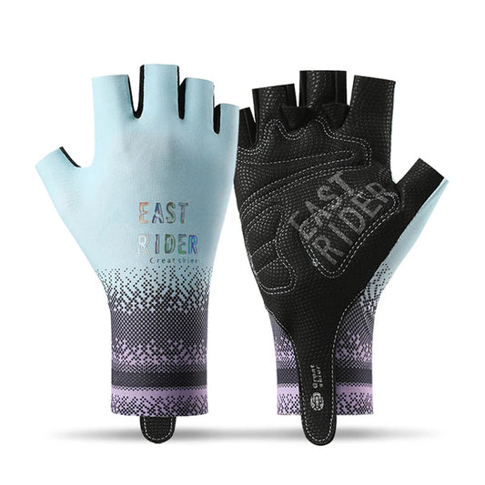 light blue fingerless cycling gloves showing back and palm