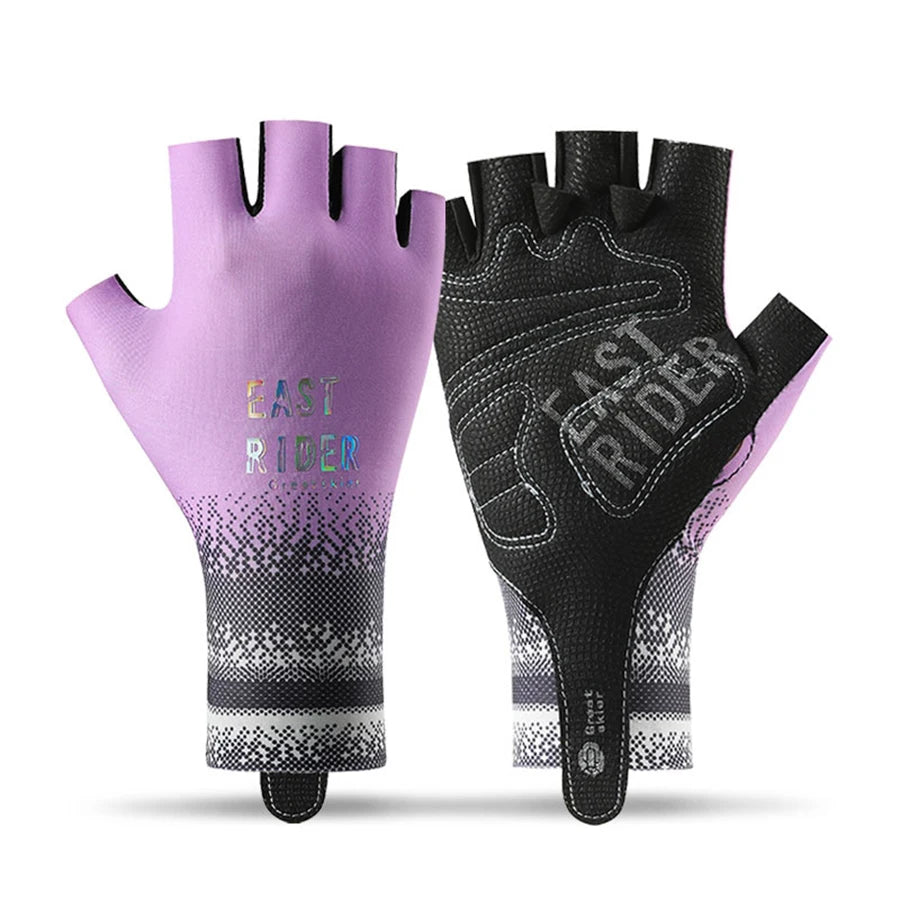 purple fingerless cycling gloves showing back and palm