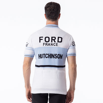 Ford France Hutchinson retro wool cycling jersey white blue - back view