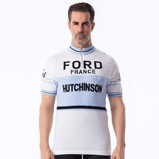 Ford France Hutchinson retro wool cycling jersey white blue - front model
