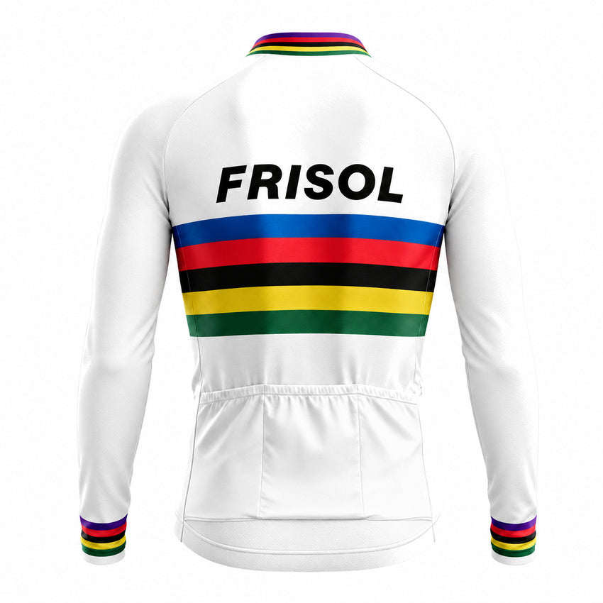 Frisol Rainbow Stripe Retro Long Sleeve Cycling Jersey – White back view showing three rear pockets