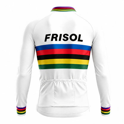 Frisol Rainbow Stripe Retro Long Sleeve Cycling Jersey – White back view showing three rear pockets