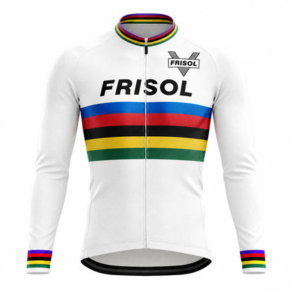 Frisol Rainbow Stripe Retro Long Sleeve Cycling Jersey – White front view
