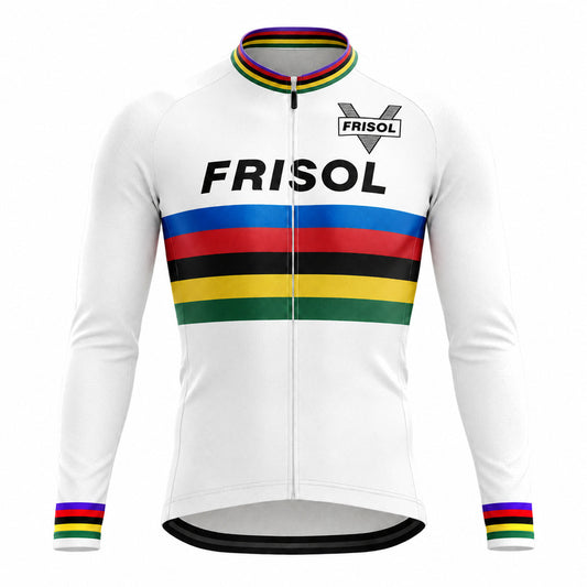 Frisol Rainbow Stripe Retro Long Sleeve Cycling Jersey – White front view