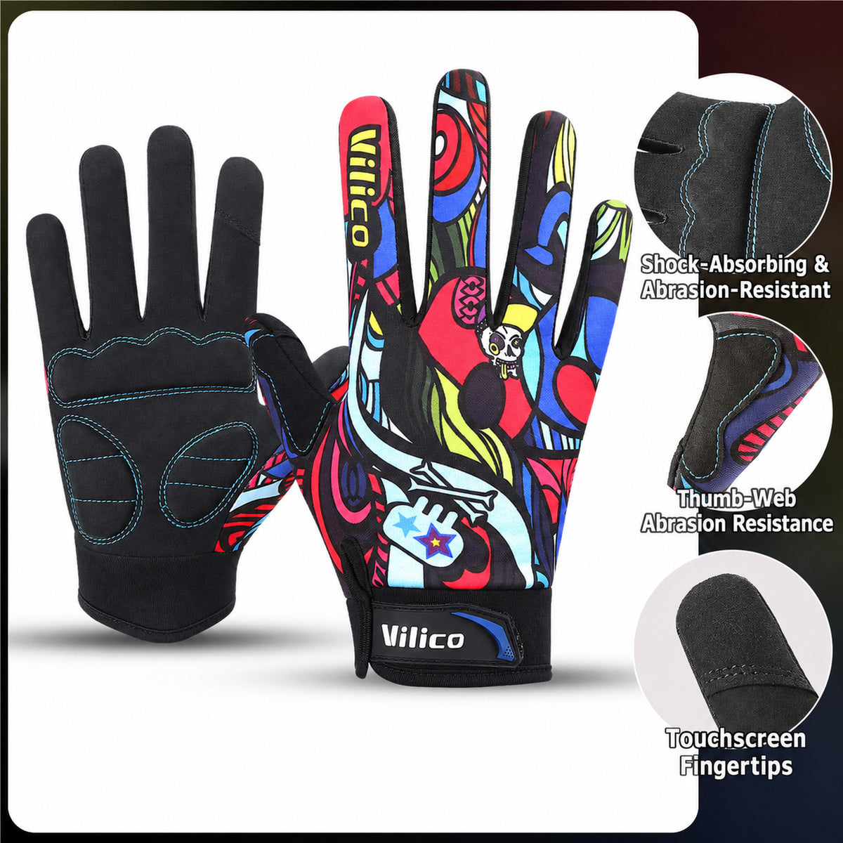 Feature details for colorful full-finger cycling gloves