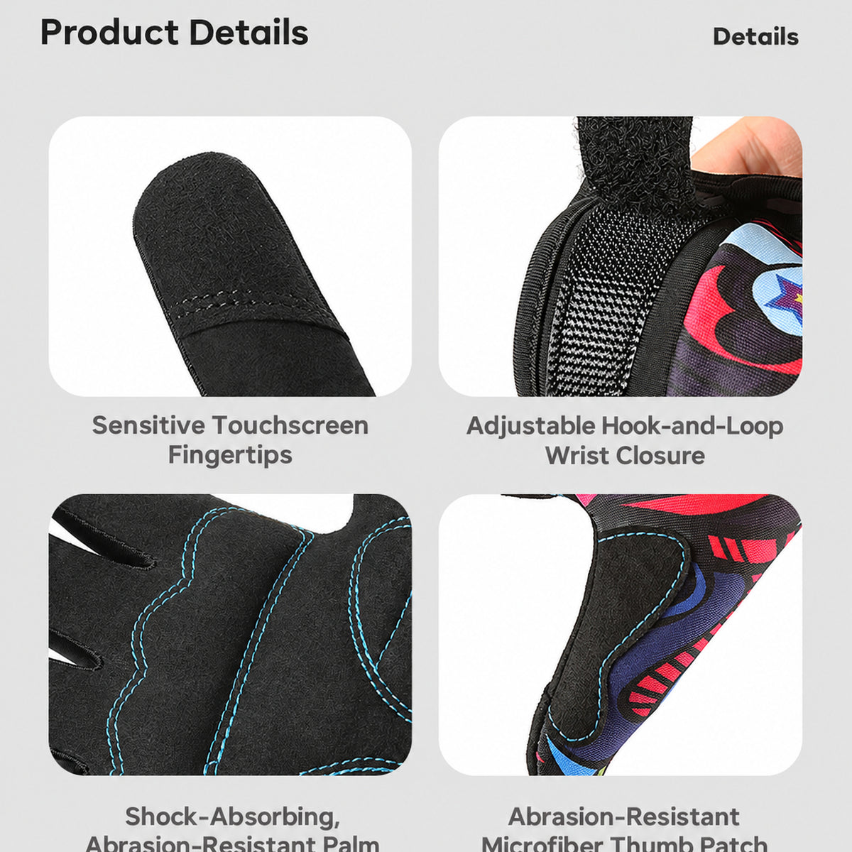 Product detail views of full-finger cycling gloves
