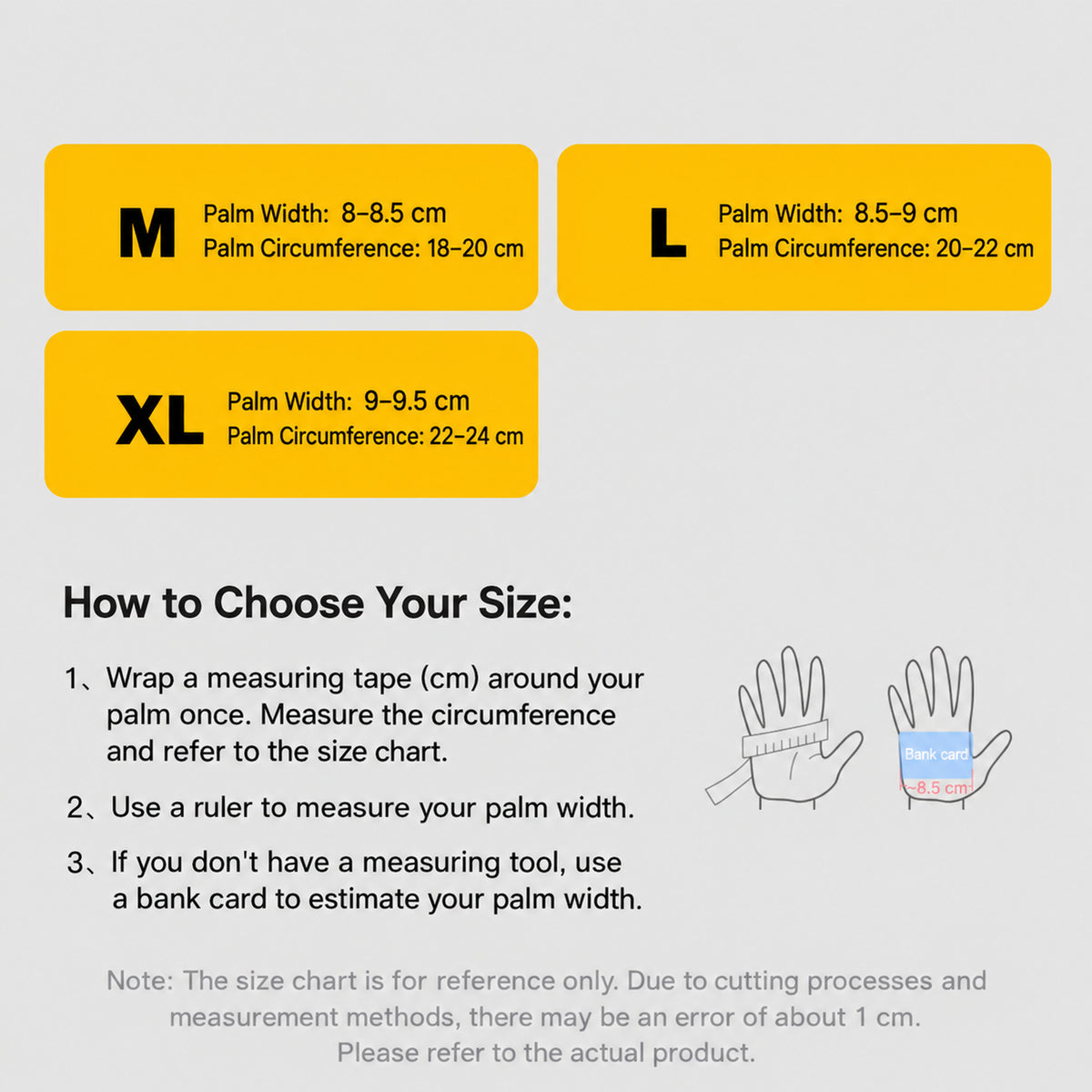 Size chart for full-finger cycling gloves, sizes M to XL