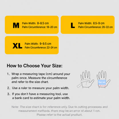 Size chart for full-finger cycling gloves, sizes M to XL