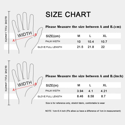 Full-finger cycling glove size chart showing palm width and glove length for M, L and XL.