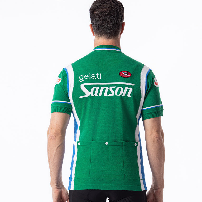 Back view of Gelati Sanson retro wool cycling jersey showing rear utility pockets and sponsor graphics