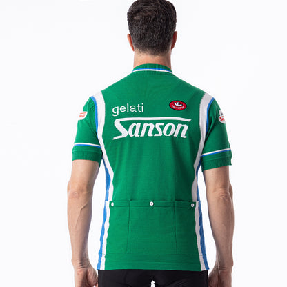 Back view of Gelati Sanson retro wool cycling jersey showing rear utility pockets and sponsor graphics