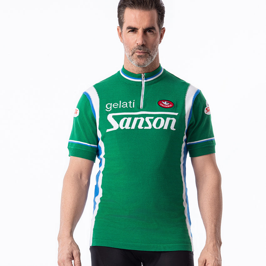 Gelati Sanson retro wool cycling jersey front view, green