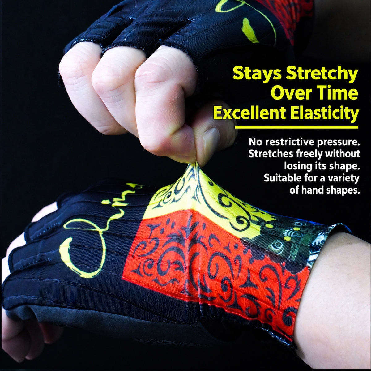 Stretch fabric detail on colorful full-finger cycling gloves