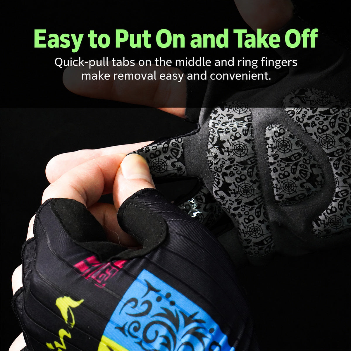 Stretch fabric detail on colorful full-finger cycling gloves