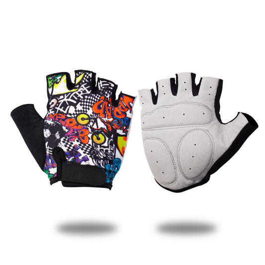 Black graffiti half finger cycling gloves with padded suede palm and adjustable wrist strap.