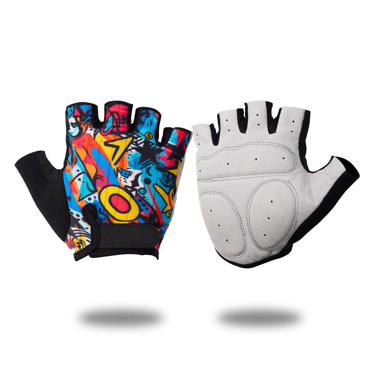 Blue graffiti half finger cycling gloves showing vibrant pop art design and shock-absorbing palm padding.