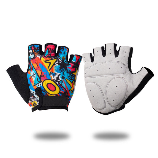Blue graffiti half finger cycling gloves showing vibrant pop art design and shock-absorbing palm padding.
