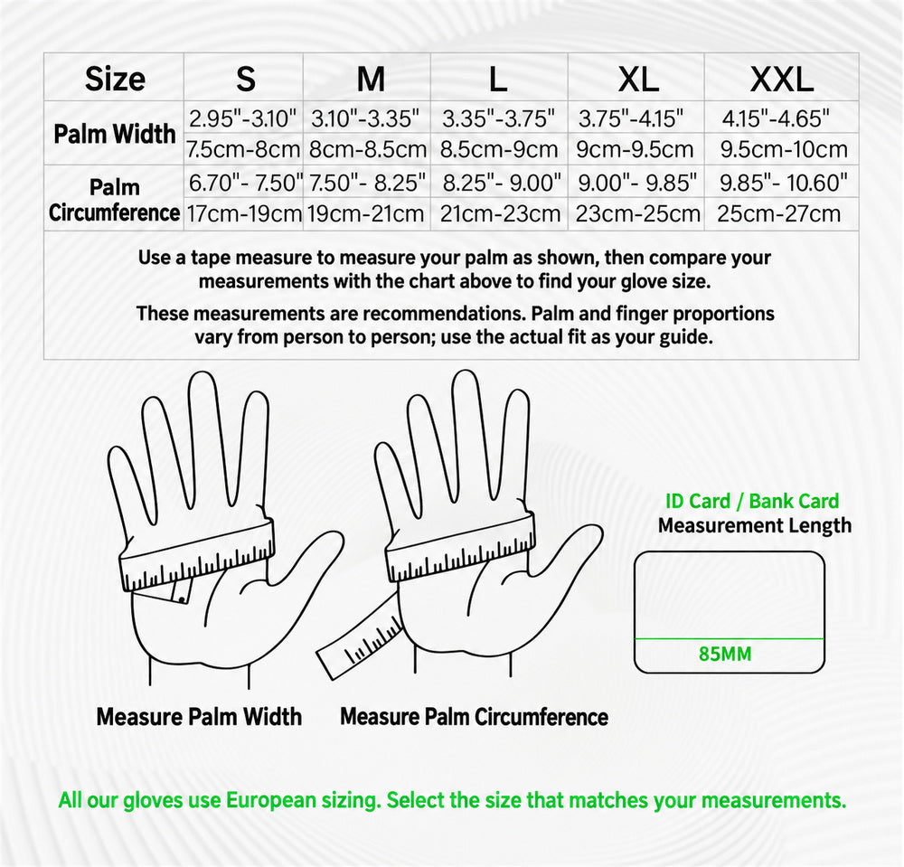 Size chart for graphic fingerless cycling gloves, sizes S to XXL