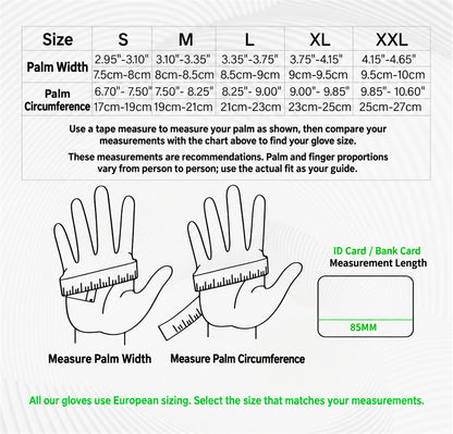 Size chart for graphic fingerless cycling gloves, sizes S to XXL