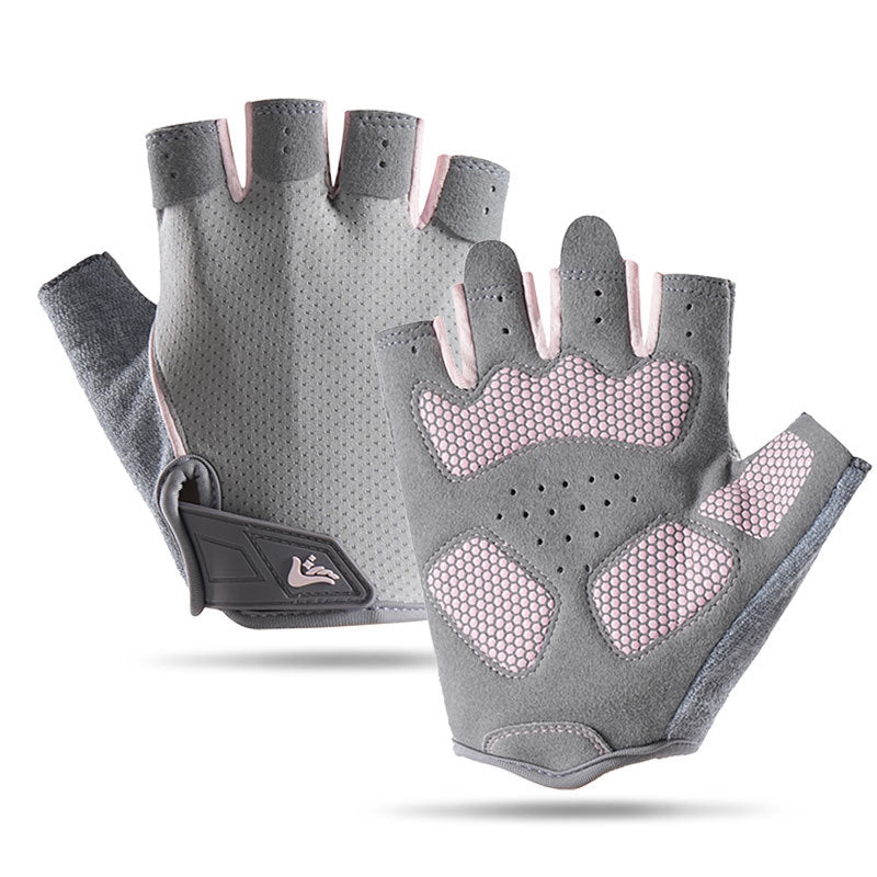 grey fingerless cycling gloves with pink palm padding