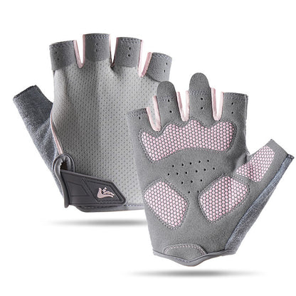 grey fingerless cycling gloves with pink palm padding