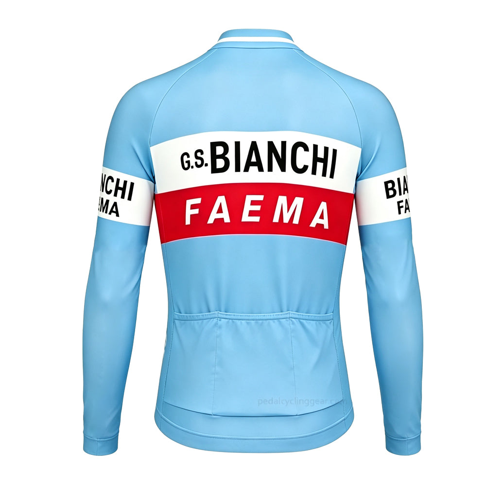 Back view of the Celeste blue G.S. Bianchi Faema long sleeve retro cycling jersey
