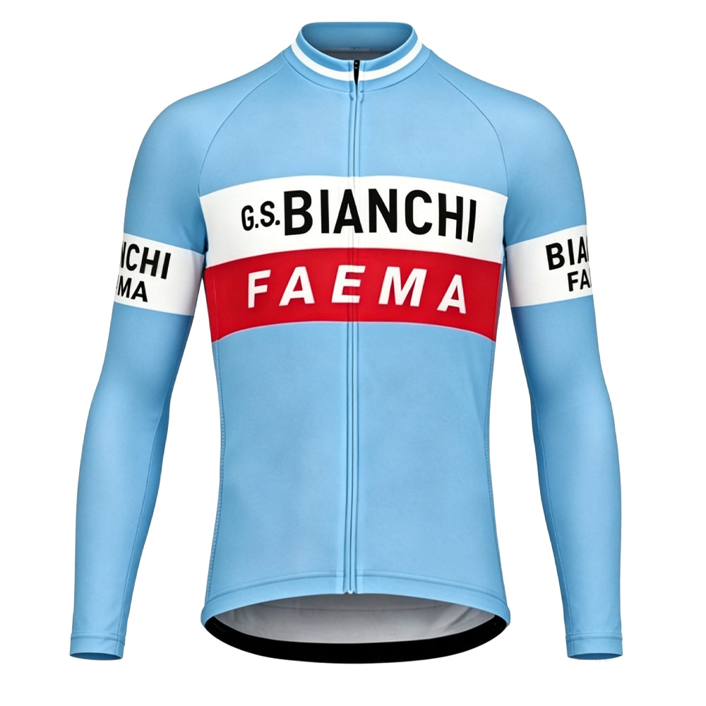 Front view of the Celeste blue G.S. Bianchi Faema long sleeve retro cycling jersey