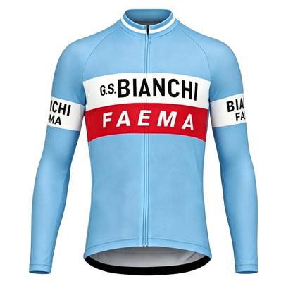 Front view of the Celeste blue G.S. Bianchi Faema long sleeve retro cycling jersey