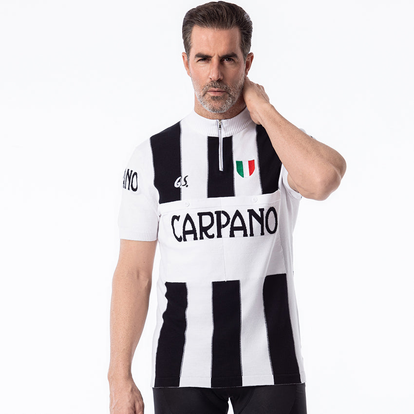 G.S. Carpano retro wool cycling jersey black white stripe - front model