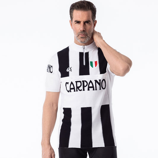 G.S. Carpano retro wool cycling jersey black white stripe - front model