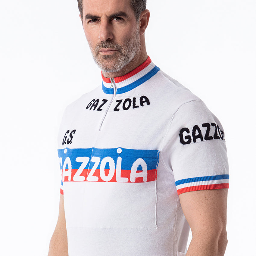 Close-up of G.S. Gazzola cycling jersey chest stripe, logo detail, and tricolor ribbed collar