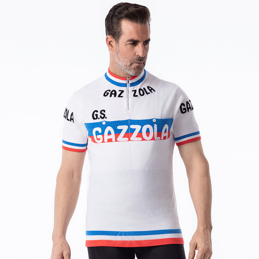 Man wearing G.S. Gazzola retro wool cycling jersey front view