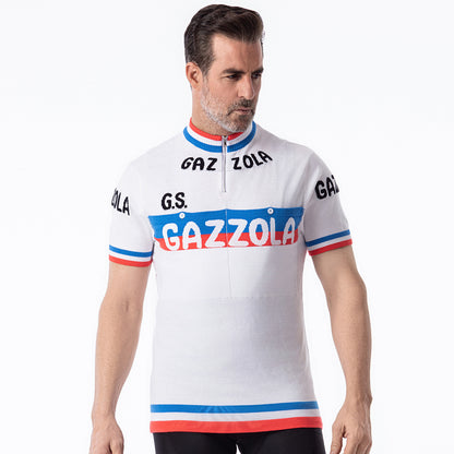 Man wearing G.S. Gazzola retro wool cycling jersey front view