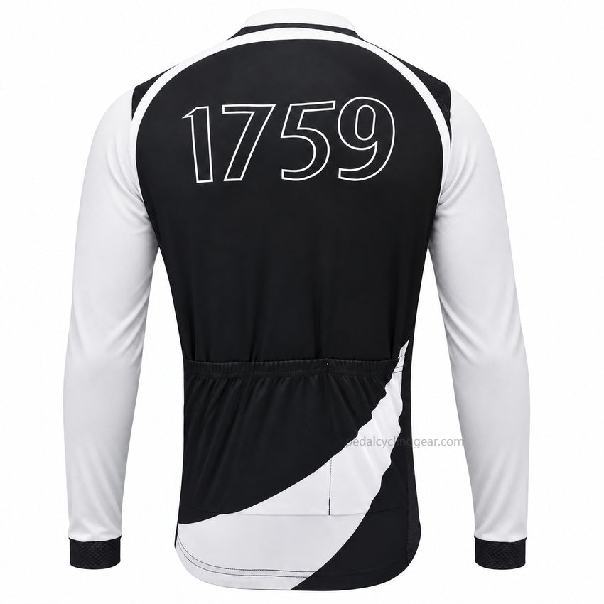 Back view of a black-and-white Guinness 1759 retro long-sleeve cycling jersey.