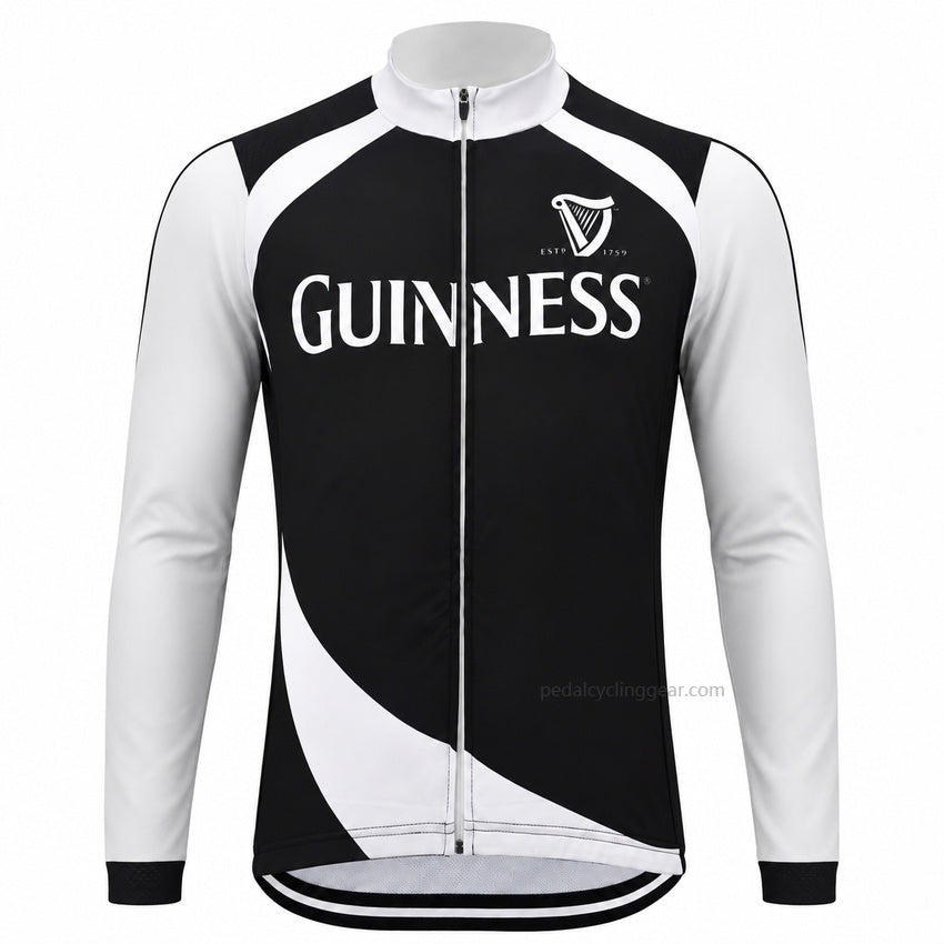 Front view of a black-and-white Guinness 1759 retro long-sleeve cycling jersey.